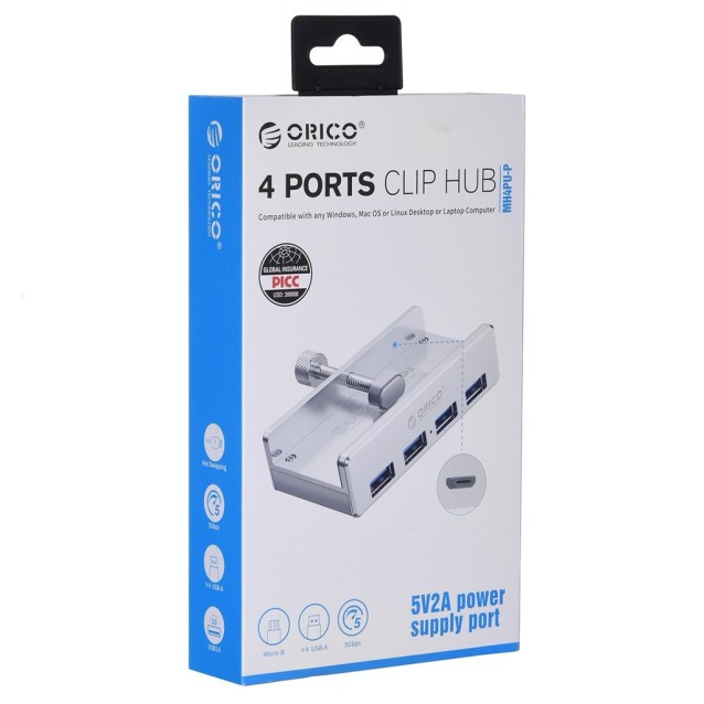 ORICO USB hub MH4PU-P με σφιγκτήρα, 4x θυρών, 5Gbps, USB σύνδεση, ασημί