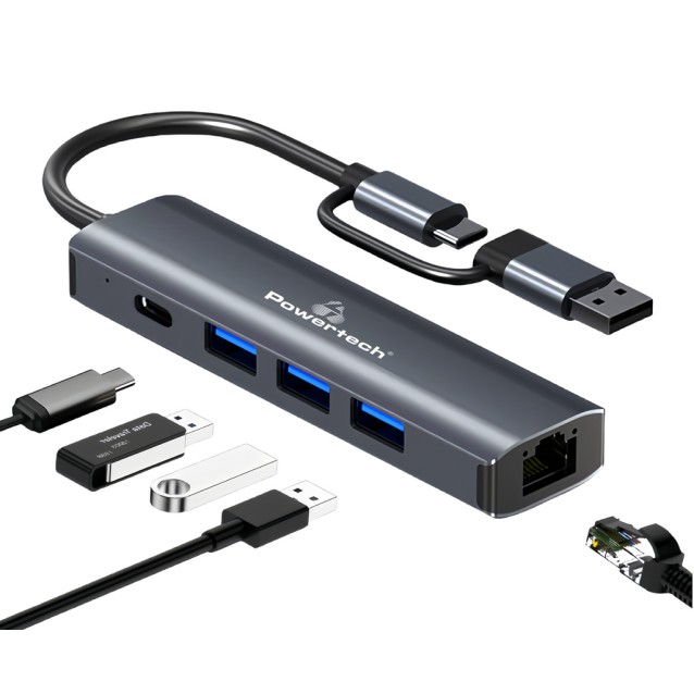 POWERTECH docking station PTR-0150, 5 θυρών, USB & USB-C σύνδεση, γκρι