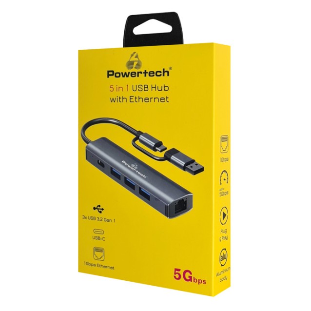 POWERTECH docking station PTR-0150, 5 θυρών, USB & USB-C σύνδεση, γκρι