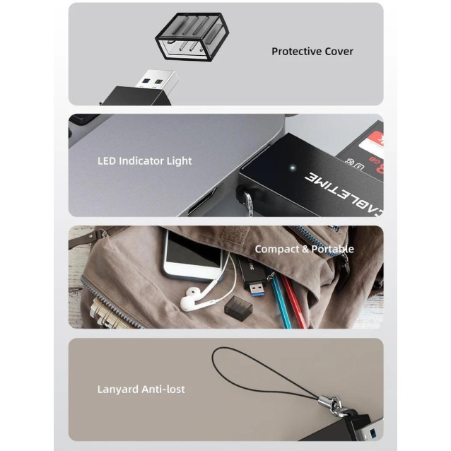 CABLETIME card reader CT-ASD3-PB για SD & micro SD, USB, 5Gbps, μαύρο