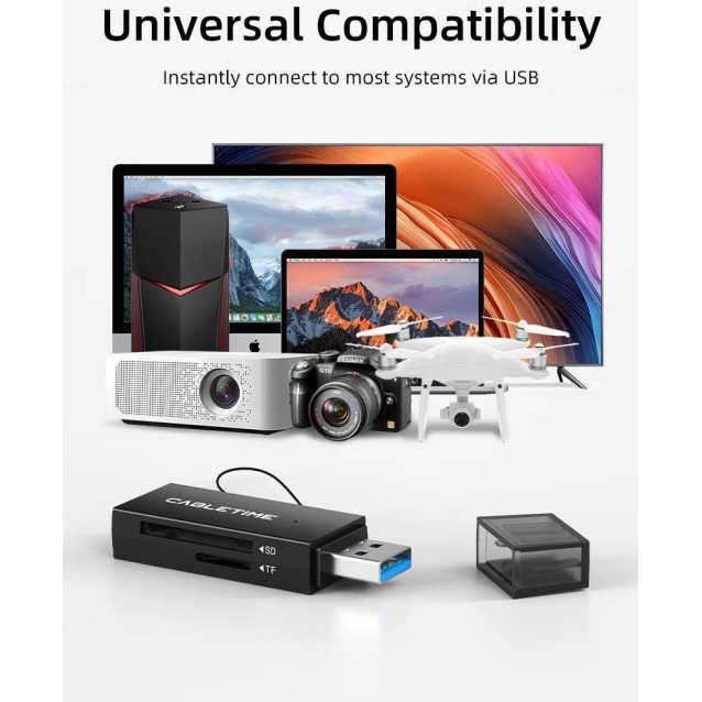 CABLETIME card reader CT-ASD3-PB για SD & micro SD, USB, 5Gbps, μαύρο