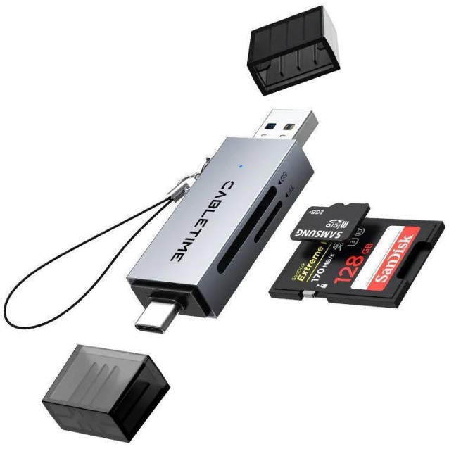 CABLETIME card reader CT-ACSD3-AG, SD/micro SD, USB/USB-C, 5Gbps, γκρι