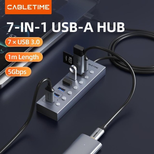 CABLETIME USB hub CT-HUBU7-AG, 7x θυρών, 5Gbps, USB σύνδεση, 1m, γκρι
