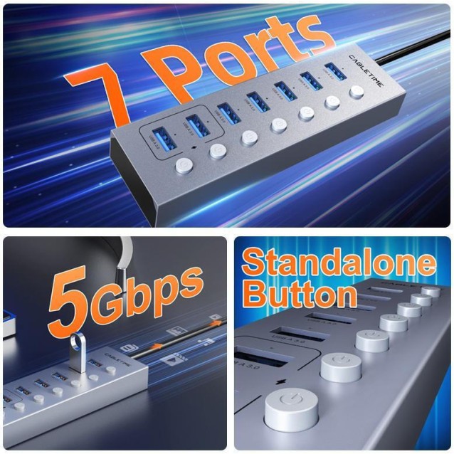 CABLETIME USB hub CT-HUBU7-AG, 7x θυρών, 5Gbps, USB σύνδεση, 1m, γκρι