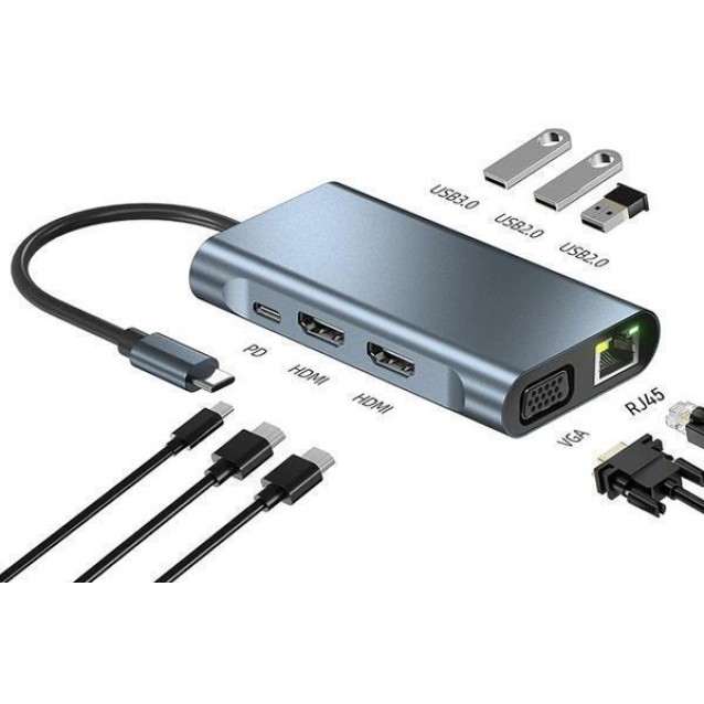 POWERTECH docking station BYL-2311 8 θυρών, USB-C σύνδεση, 100W PD, γκρι