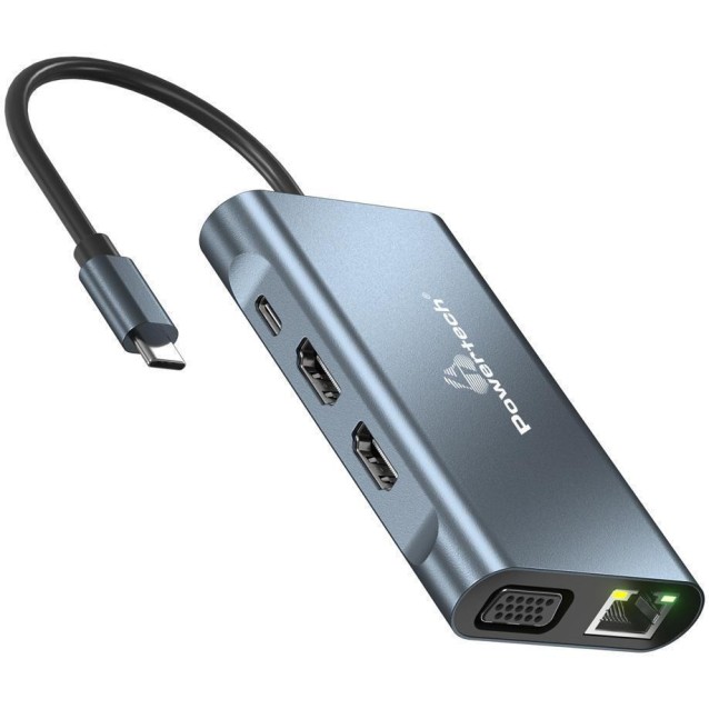 POWERTECH docking station BYL-2311 8 θυρών, USB-C σύνδεση, 100W PD, γκρι
