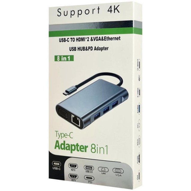 POWERTECH docking station BYL-2311 8 θυρών, USB-C σύνδεση, 100W PD, γκρι