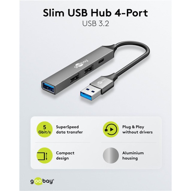 GOOBAY USB hub 74458, 4x θυρών, USB 3.2, 5Gbps, USB σύνδεση, γκρι