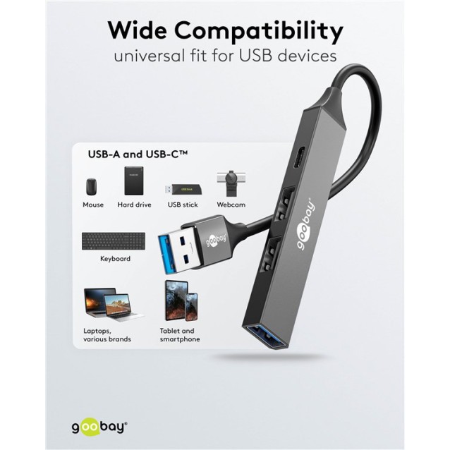GOOBAY USB hub 74458, 4x θυρών, USB 3.2, 5Gbps, USB σύνδεση, γκρι