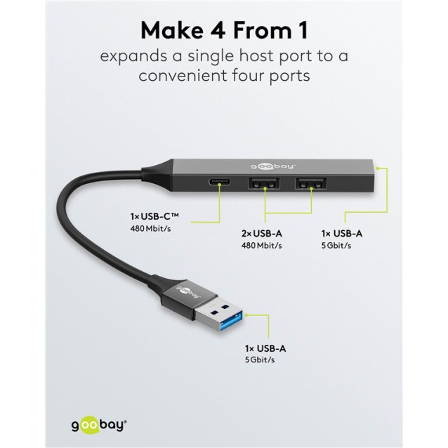 GOOBAY USB hub 74458, 4x θυρών, USB 3.2, 5Gbps, USB σύνδεση, γκρι