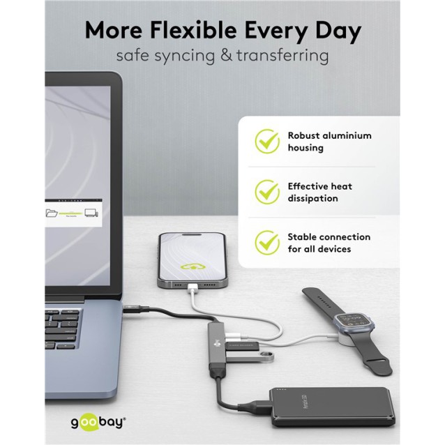 GOOBAY USB hub 74460, 5x θυρών, USB 3.2, 5Gbps, 100W, USB-C σύνδεση, γκρι