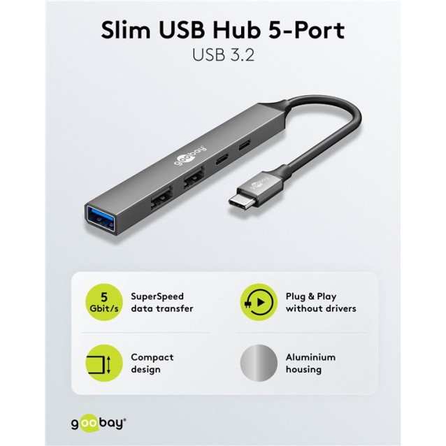 GOOBAY USB hub 74460, 5x θυρών, USB 3.2, 5Gbps, 100W, USB-C σύνδεση, γκρι