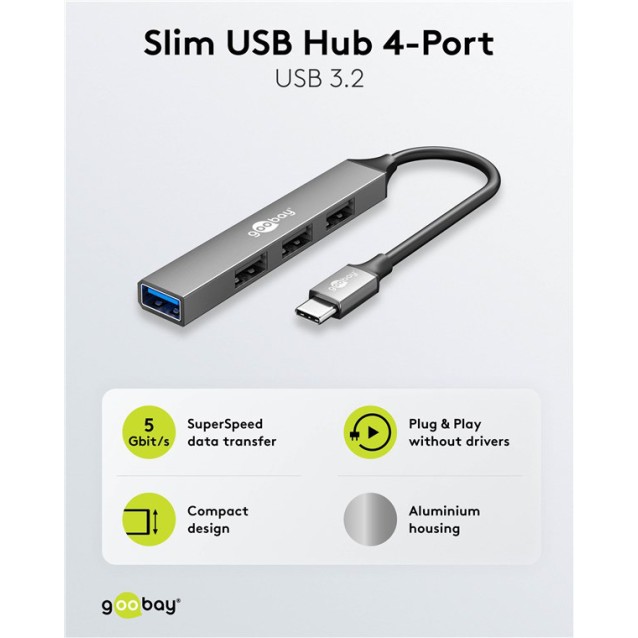 GOOBAY USB hub 74457, 4x θυρών, USB 3.2, 5Gbps, USB-C σύνδεση, γκρι
