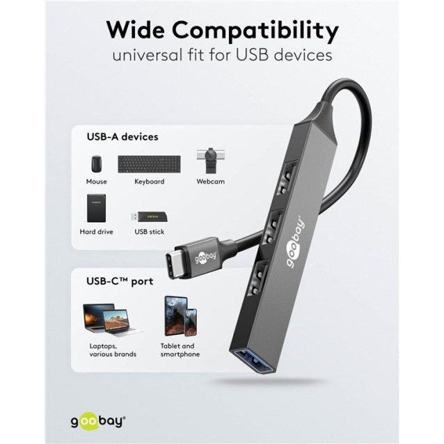 GOOBAY USB hub 74457, 4x θυρών, USB 3.2, 5Gbps, USB-C σύνδεση, γκρι