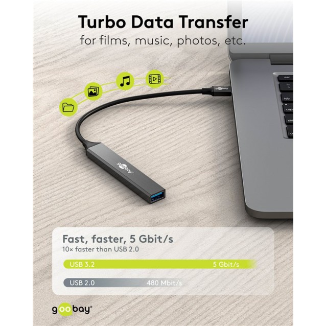 GOOBAY USB hub 74457, 4x θυρών, USB 3.2, 5Gbps, USB-C σύνδεση, γκρι