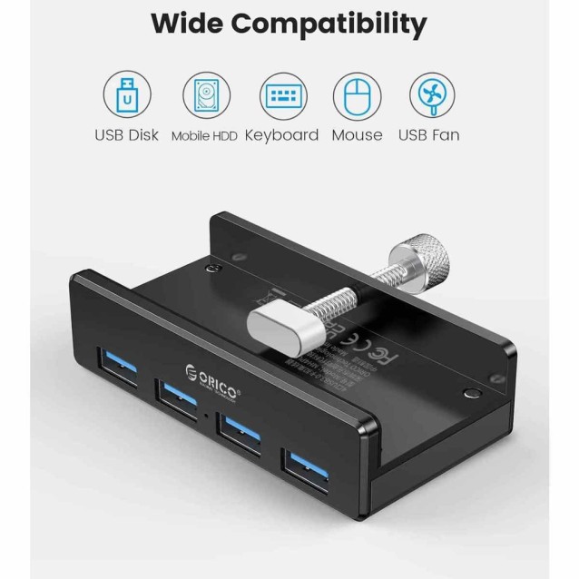 ORICO USB hub MH4PU-P με σφιγκτήρα, 4x θυρών, 5Gbps, USB σύνδεση, μαύρο