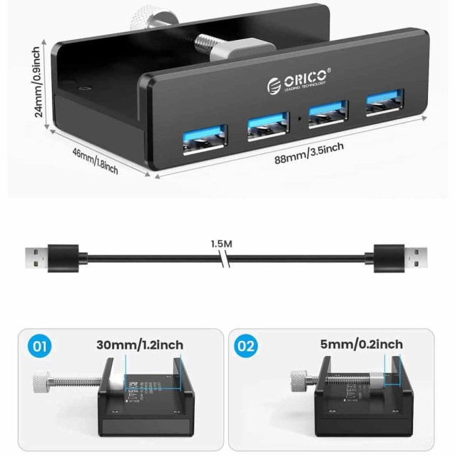 ORICO USB hub MH4PU-P με σφιγκτήρα, 4x θυρών, 5Gbps, USB σύνδεση, μαύρο