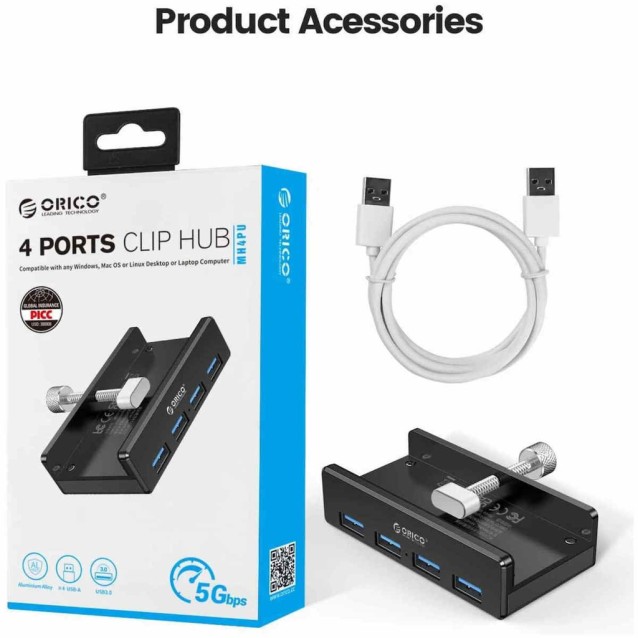 ORICO USB hub MH4PU-P με σφιγκτήρα, 4x θυρών, 5Gbps, USB σύνδεση, μαύρο
