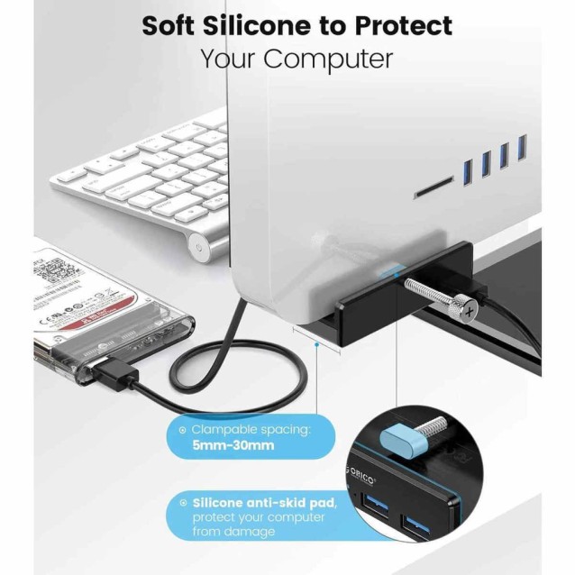 ORICO USB hub MH4PU-P με σφιγκτήρα, 4x θυρών, 5Gbps, USB σύνδεση, μαύρο