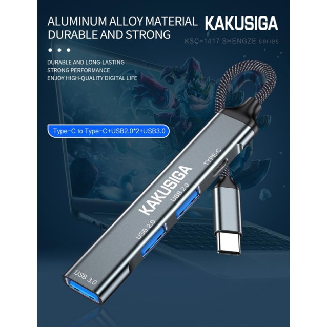 KAKUSIGA USB hub KSC-1417, 4x θυρών, USB 3.0, 5Gbps, USB-C σύνδεση, γκρι
