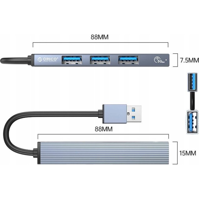 ORICO USB hub AH-A13, 4x θυρών, USB 3.0, 5Gbps, USB σύνδεση, γκρι