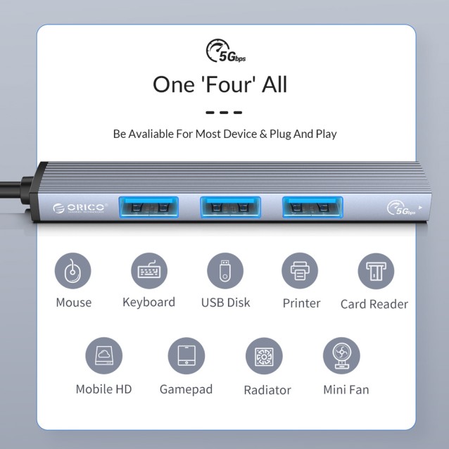 ORICO USB hub AH-13, 4x θυρών, USB 3.0, 5Gbps, USB-C σύνδεση, γκρι