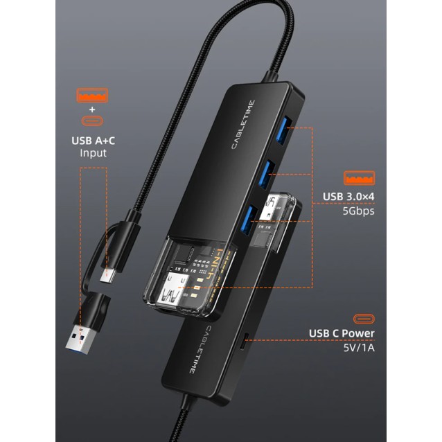 CABLETIME USB hub CT-HUBT3-PB, 4x θυρών, USB/USB-C σύνδεση, 5Gbps, μαύρο