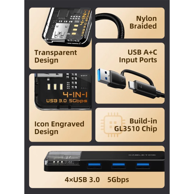 CABLETIME USB hub CT-HUBT3-PB, 4x θυρών, USB/USB-C σύνδεση, 5Gbps, μαύρο