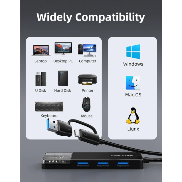 CABLETIME USB hub CT-HUBT3-PB, 4x θυρών, USB/USB-C σύνδεση, 5Gbps, μαύρο