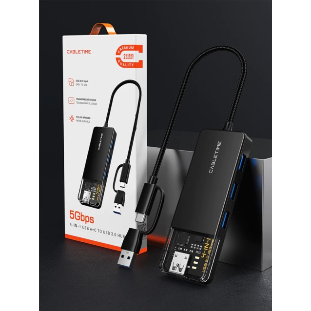 CABLETIME USB hub CT-HUBT3-PB, 4x θυρών, USB/USB-C σύνδεση, 5Gbps, μαύρο