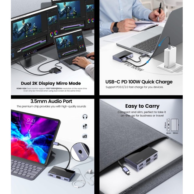 ORICO docking station DM-5P, USB/USB-C/HDMI/VGA/3.5mm, 4K, 100W, μαύρο