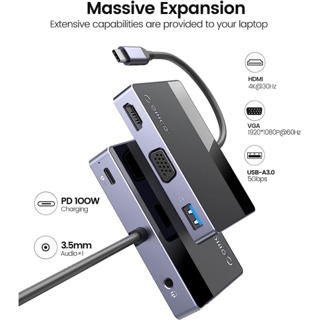 ORICO docking station DM-5P, USB/USB-C/HDMI/VGA/3.5mm, 4K, 100W, μαύρο
