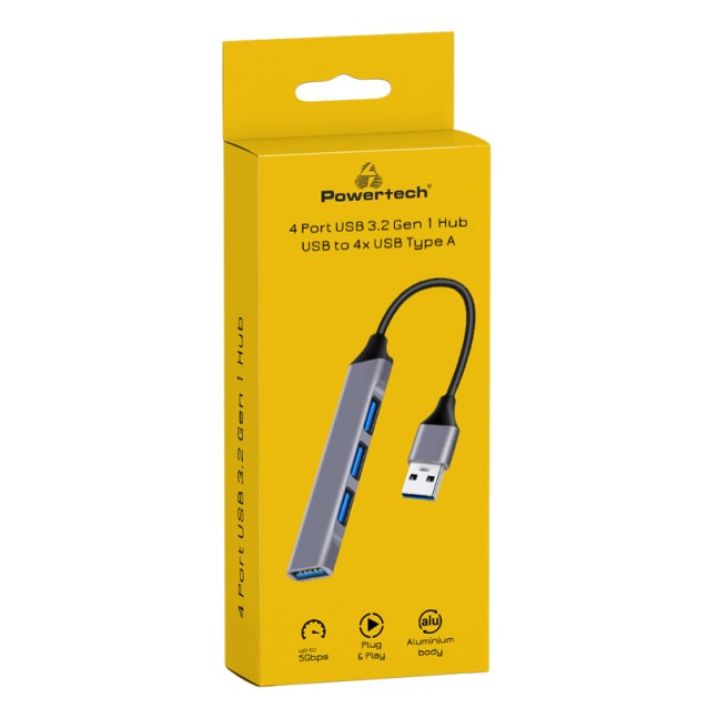 POWERTECH USB hub PT-1114, 4x USB θύρες, 5Gbps, γκρι