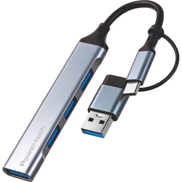 POWERTECH USB hub PTR-0206, 4x θυρών, USB 3.0, 5Gbps, USB & USB-C σύνδεση, γκρι POWERTECH USB hub PTR-0206, 4x θυρών, USB 3.0, 5Gbps, USB & USB-C σύνδεση, γκρι