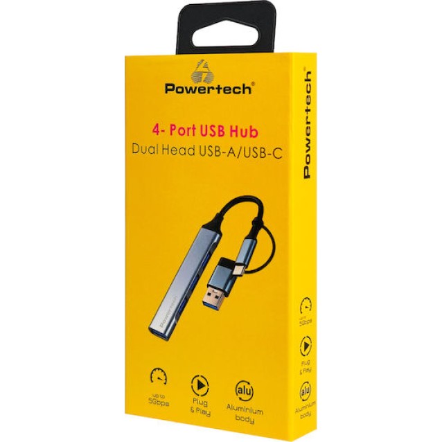 POWERTECH USB hub PTR-0206, 4x θυρών, USB 3.0, 5Gbps, USB & USB-C σύνδεση, γκρι