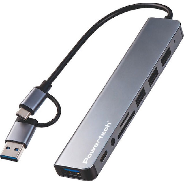 POWERTECH USB hub PTR-0205 με card reader, 8 θυρών, USB & USB-C σύνδεση, γκρι POWERTECH USB hub PTR-0205 με card reader, 8 θυρών, USB & USB-C σύνδεση, γκρι