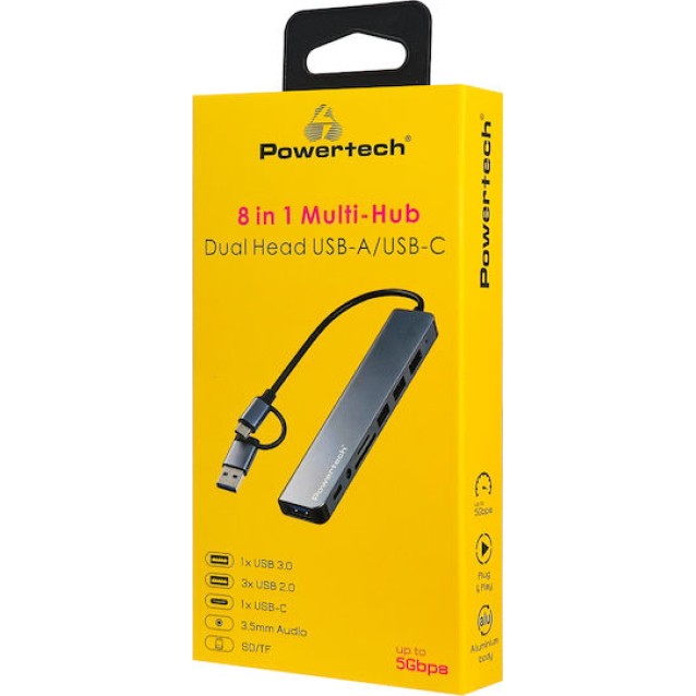 POWERTECH USB hub PTR-0205 με card reader, 8 θυρών, USB & USB-C σύνδεση, γκρι