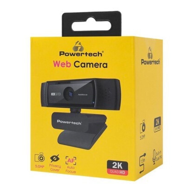 POWERTECH web camera PT-1428, 5MP, 2K QHD, αυτόματη εστίαση, 1.5m, μαύρη