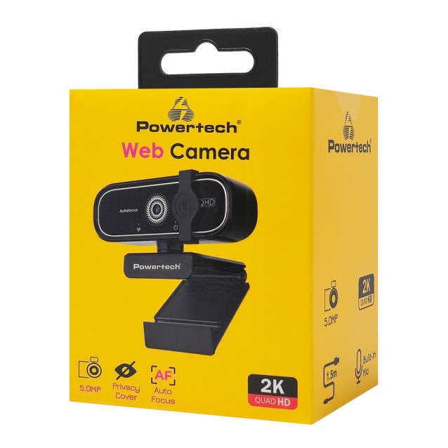 POWERTECH web camera PT-1427, 5MP, 2K QHD, αυτόματη εστίαση, 1.5m, μαύρη