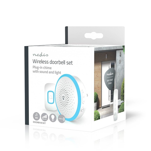 NEDIS DOORB10CWT Ασύρματο plug-in εσωτερικό κουδούνι με LED ένδειξη και δυνατότητα αυξομείωσης της έντασης του κουδουνιού, 80dB σε λευκό χρώμα.