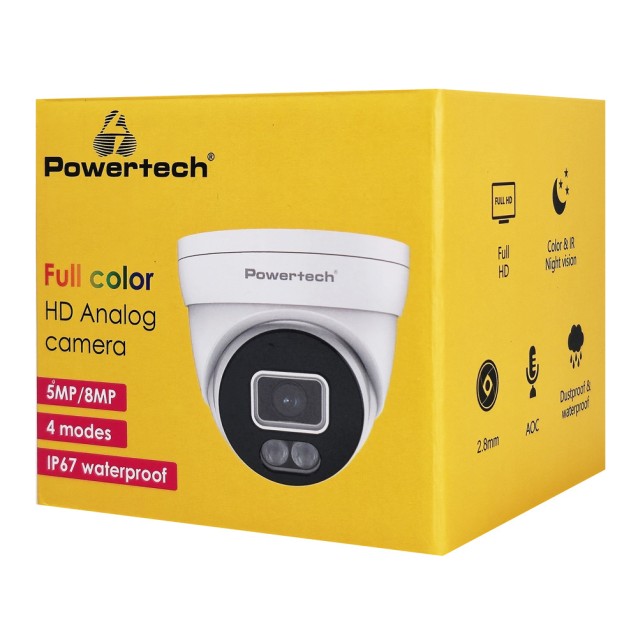POWERTECH υβριδική κάμερα CCTV PT-1586 με μικρόφωνο & Full Color λειτουργία, 8MP, 2.8mm, IP67