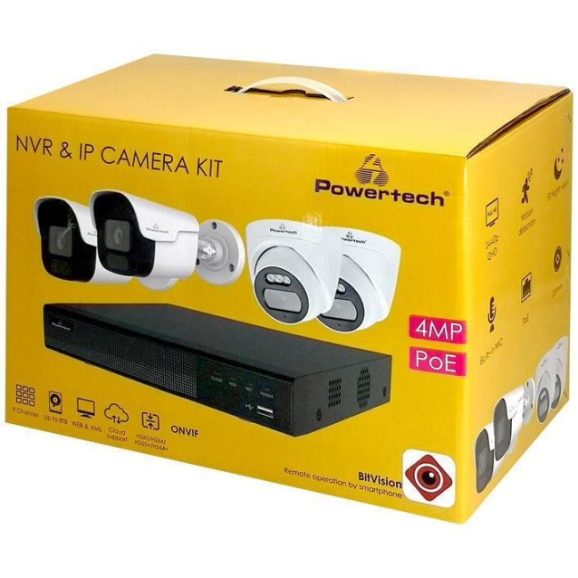POWERTECH NVR καταγραφικό με 4 κάμερες PT-1233, 4K, 4MP, 9 κανάλια