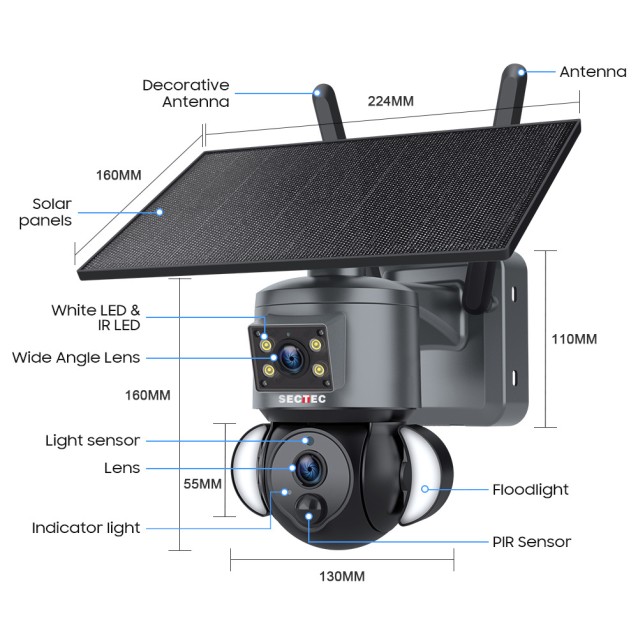 SECTEC smart ηλιακή κάμερα ST-538-6MAOV-4G-EU, dual lens, 3MP, 4G, SD, PTZ, IP66