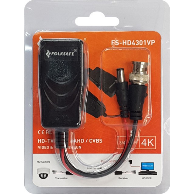 FOLKSAFE video & power balun transmitter FS-HD4301VP, 4K, έως 400m, RJ45