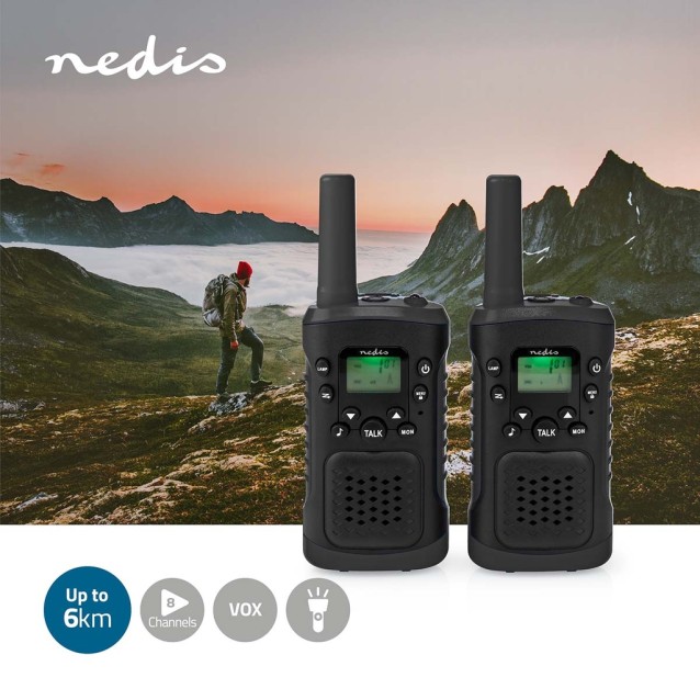 Walkie talkie με εμβέλεια έως και 6 km, σε μαύρο χρώμα.