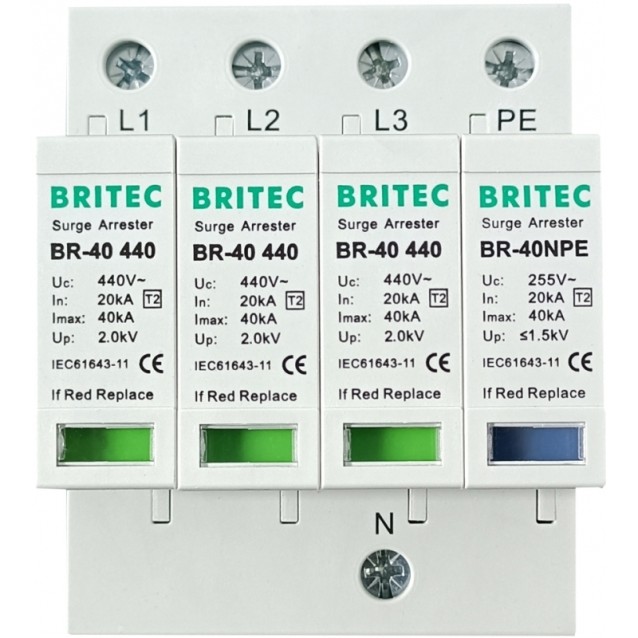 ΑΝΤΙΚΕΡΑΥΝΙΚΑ ΡΑΓΑΣ T2 3P+N 40kA 440VAC BR-40-440-3+1 BRITEC