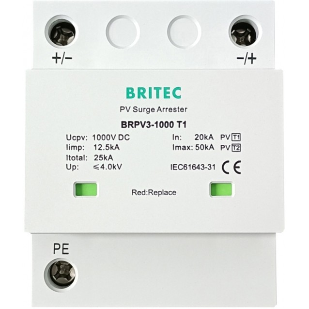 ΑΝΤΙΚΕΡΑΥΝΙΚΑ ΡΑΓΑΣ DC T1+T2 3MOD 50kA 1000VDC BRPV3-1000-T1 BRITEC