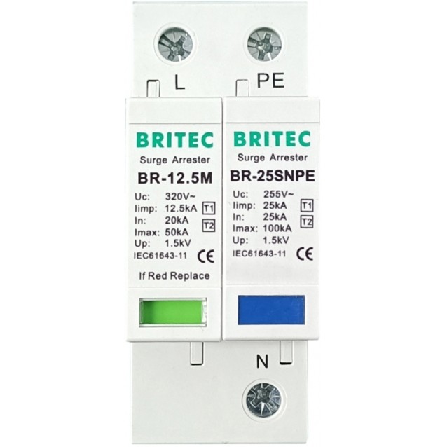 ΑΝΤΙΚΕΡΑΥΝΙΚΑ ΡΑΓΑΣ T1+T2 1P+N 50kA/70kA 320VAC BR-12.5M-320-1+1 BRITEC