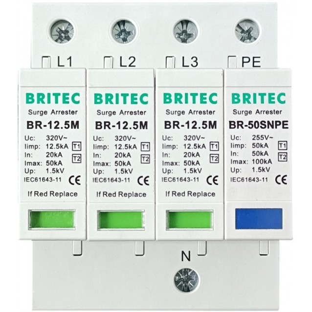 ΑΝΤΙΚΕΡΑΥΝΙΚΑ ΡΑΓΑΣ T1+T2 3P+N 50kA/70kA 320VAC BR-12.5M-320-3+1 BRITEC